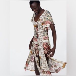 Zara Bohemian Paisley Button Front Dress Size XS